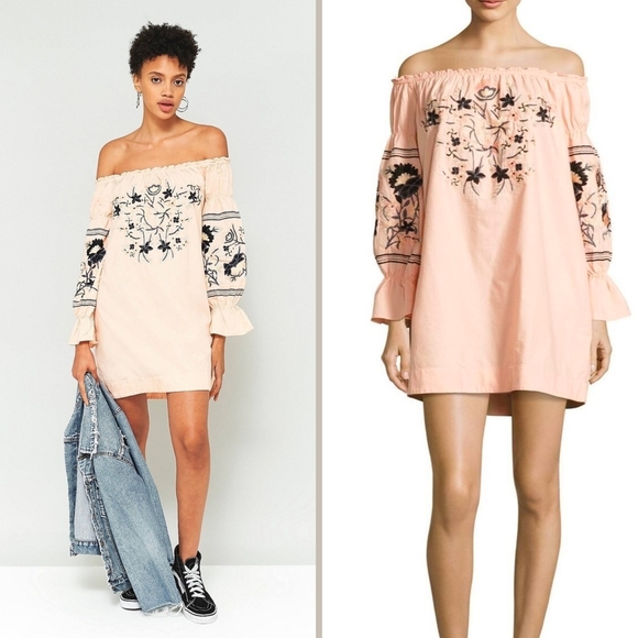 FREE PEOPLE Floral Embroidered Peasant Off The Shoulder Mini Dress, Size XS - Picture 1 of 14